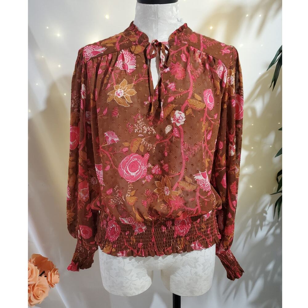 Joie Sheer Floral Textured Swiss Dot Smocked Tie Neck Bishop Sleeve Blouse Sz L